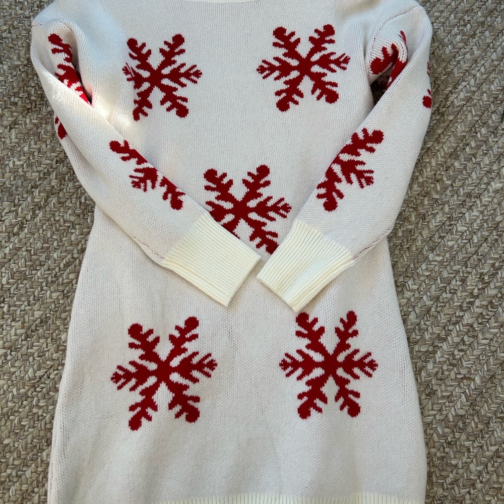 FestiveWhite mini Sweater  dress with Red Snowflake Design